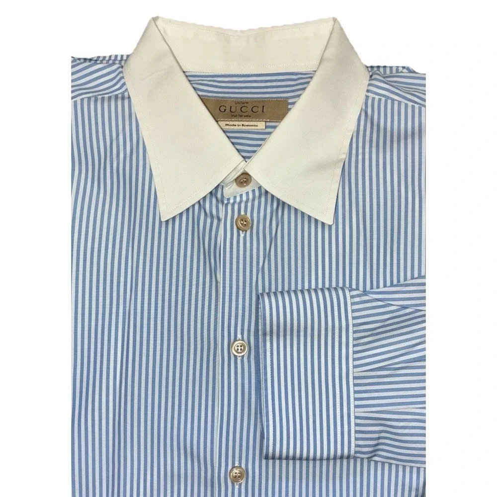 Gucci Shirt Men's 19 48 Blue Striped White Collar Poplin Button Up Uniform NEW